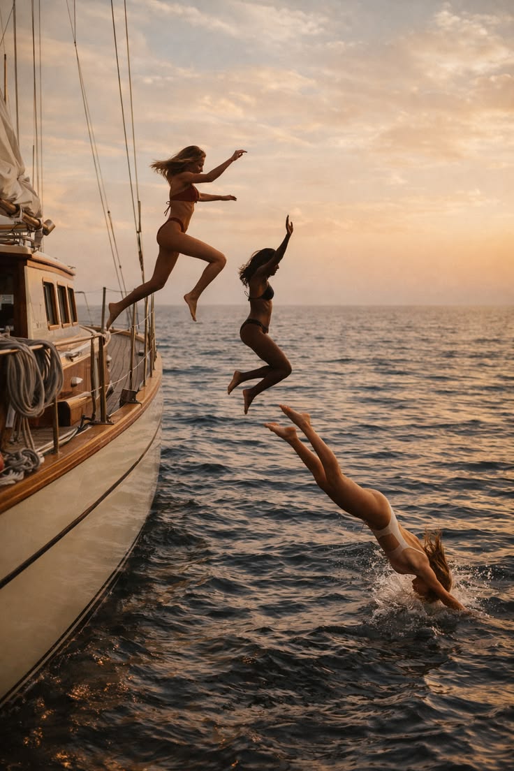 Three friends dive off the wooden sailing yacht at sunset to swim in the Mediterranean.