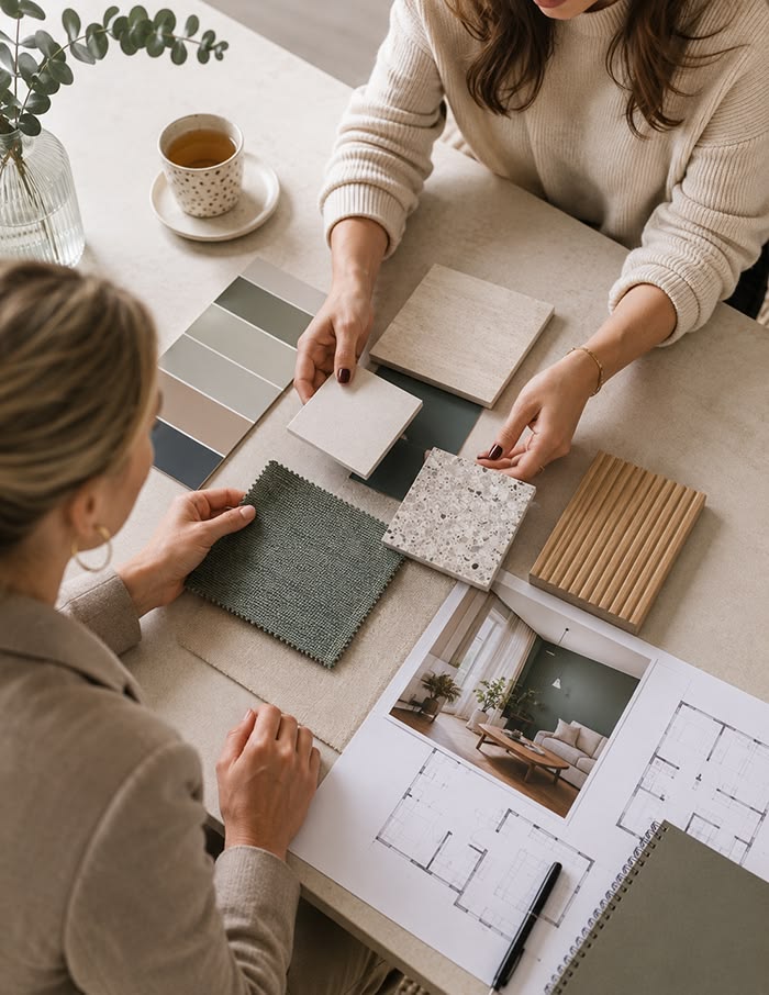 Two people choosing materials together on a sunlit table: fabric, stone and wood.