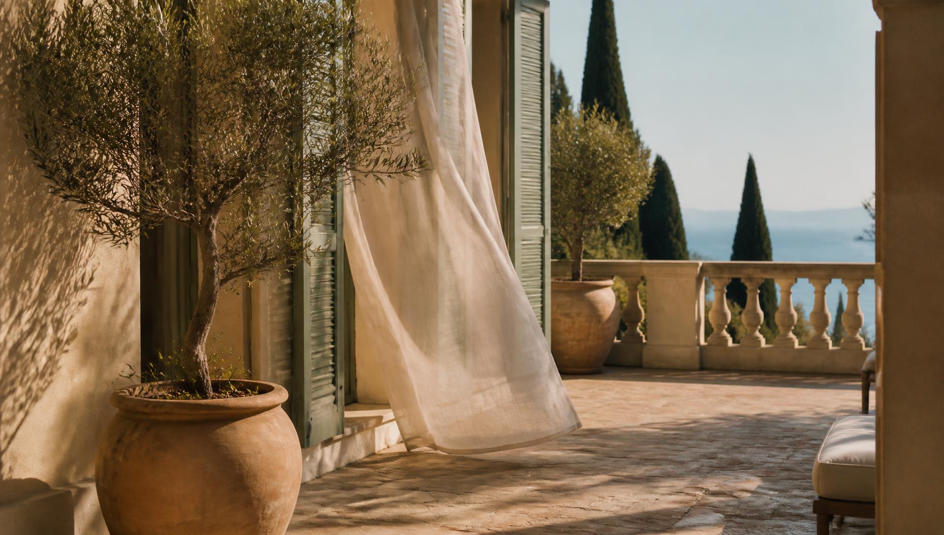 Mediterranean terrace at sunset with sea view